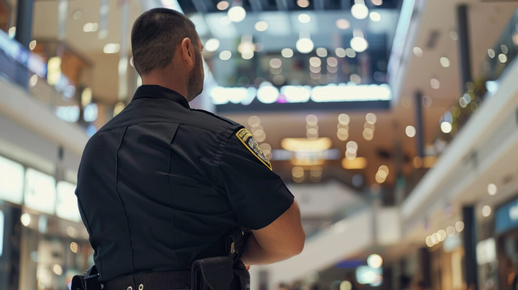 Armed security guard keeps order in store police officer stands GUETTA Seguridad Privada